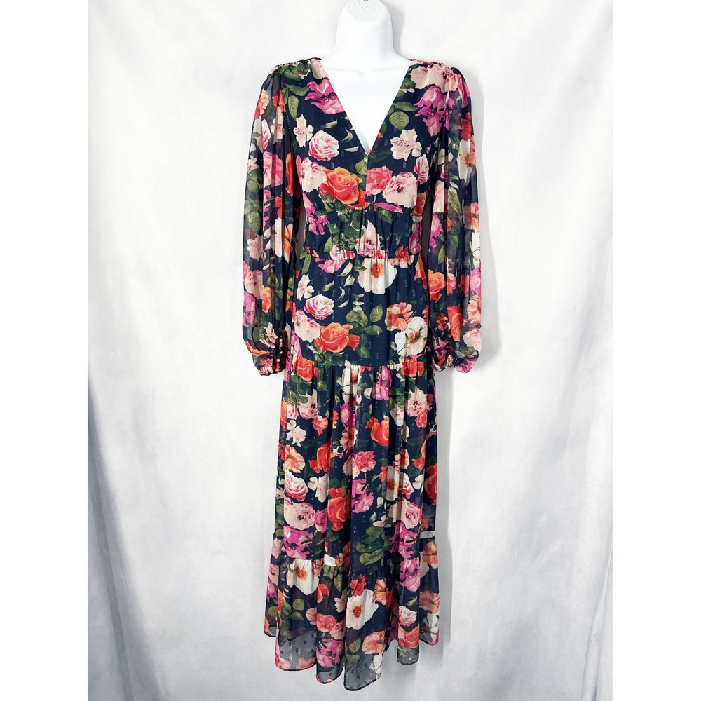 Eliza J Metallic Clip Dot Floral Navy Chiffon Fit Flare Maxi Dress Womens Size 8 - Picture 2 of 14